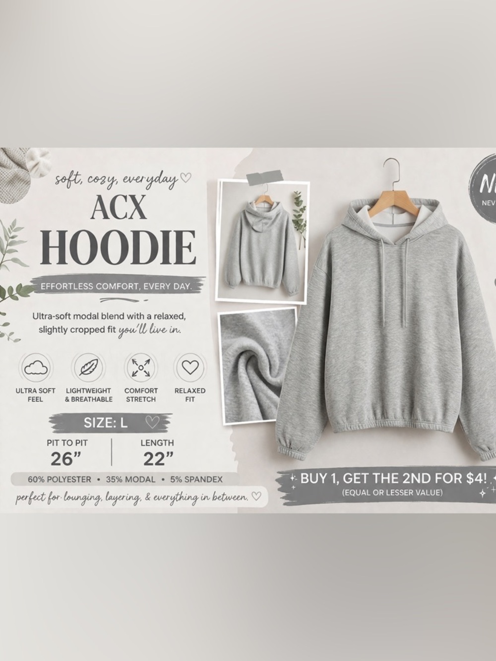 NWT ACX Gray Hoodie Size L | Soft Modal Blend Cropped Sweatshirt | Cozy Lounge